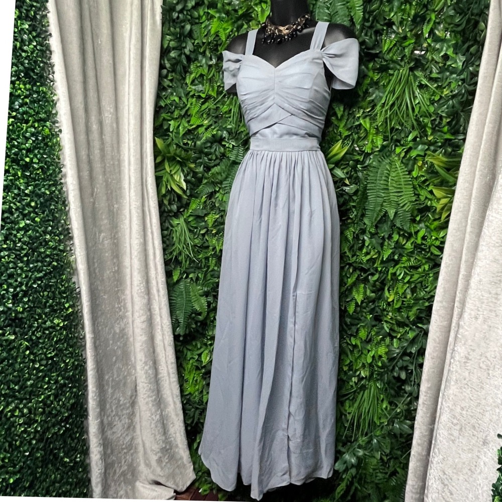 POMUYOO Dress 6 Blue Pleated Cold Shoulder Gown Spaghetti Strap Slit Formal 3210